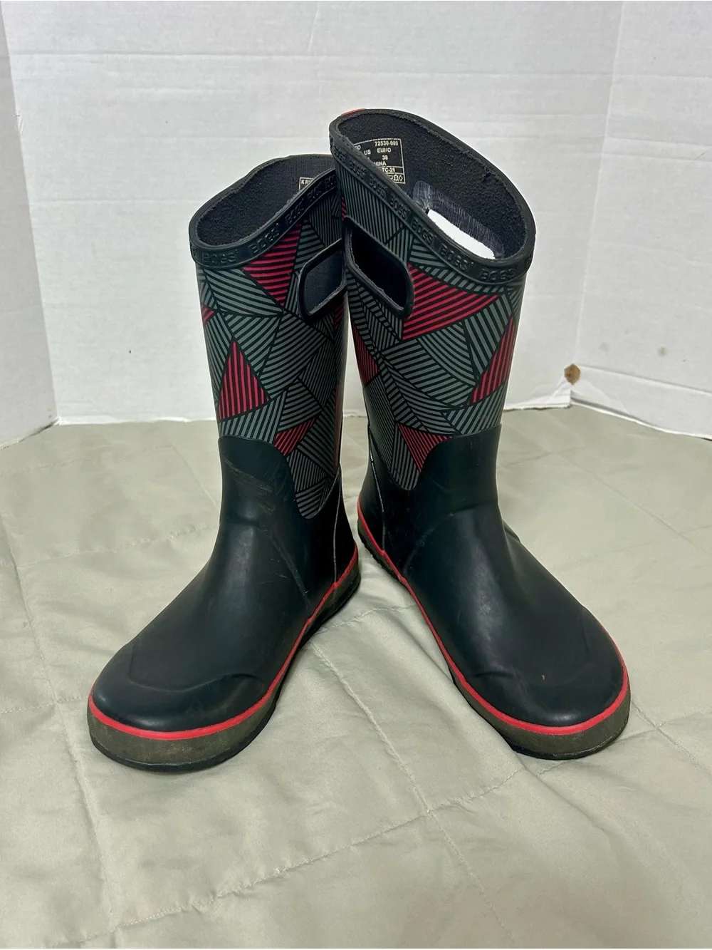 Bogs Kids Black and Red Geometric Rain Boots, Waterproof, Youth Size 5